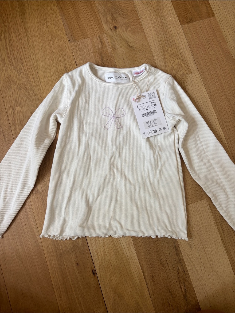 Zara Cream Long Sleeve Ribbed Top with Light Pink Bow Accent NWT 3T